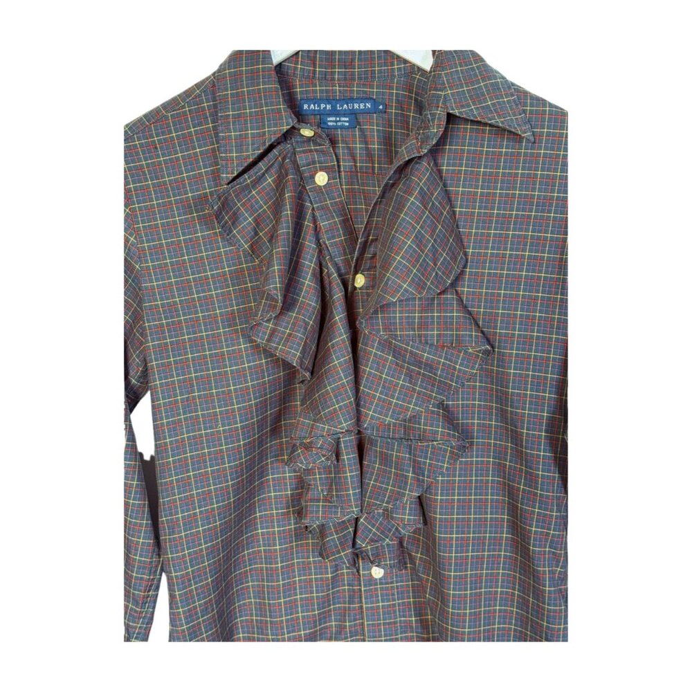 Ralph Lauren Green Plaid Ruffle Blouse – Size 4, 100% Cotton